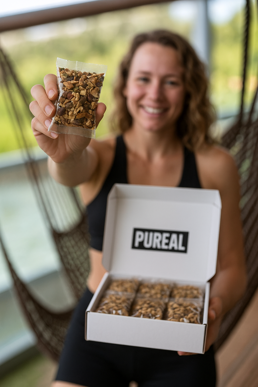 Person holding a box of packaged nuts labeled 'PUREAL.'