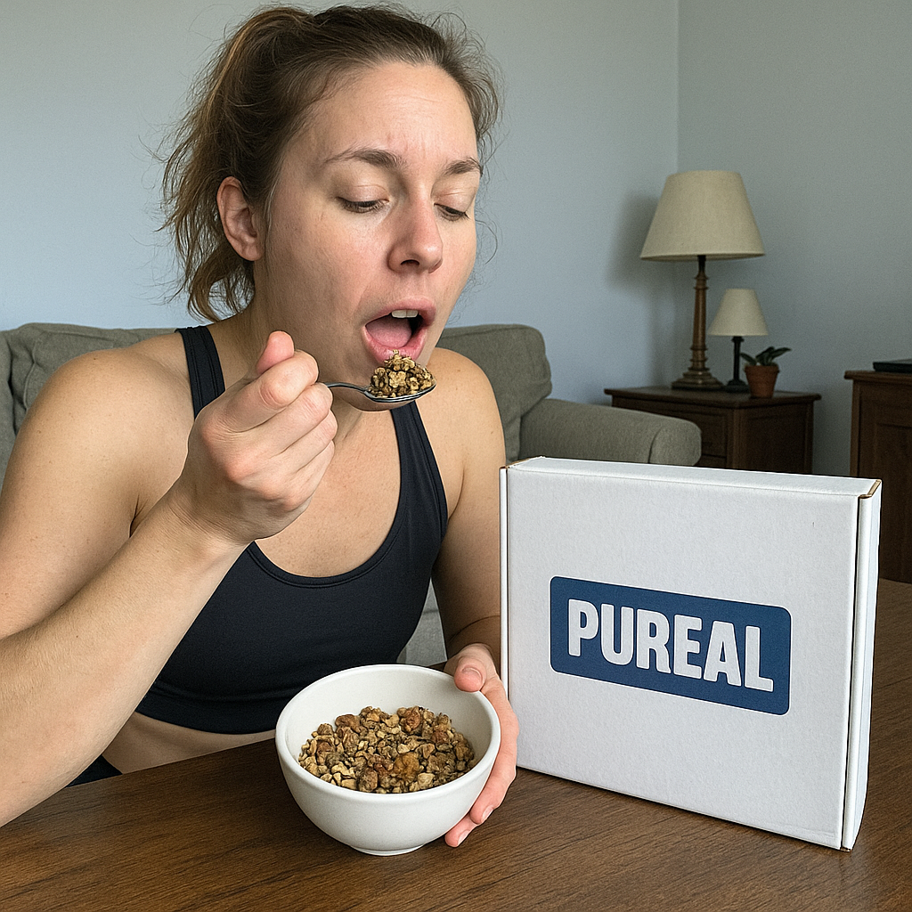Person eating from a bowl of granola next to a box labeled 'PUREAL'.