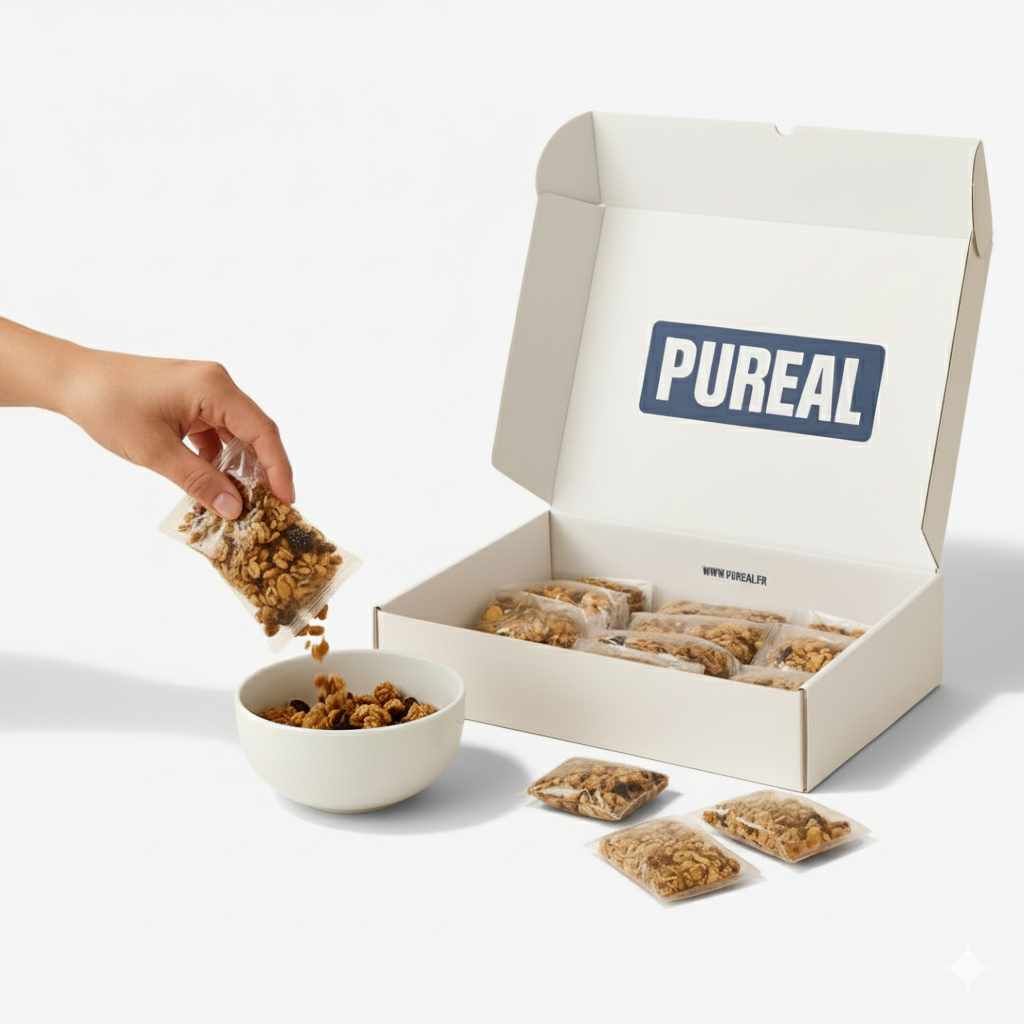 A hand pouring granola from a small packet into a bowl next to a box labeled 'PUREAL'.