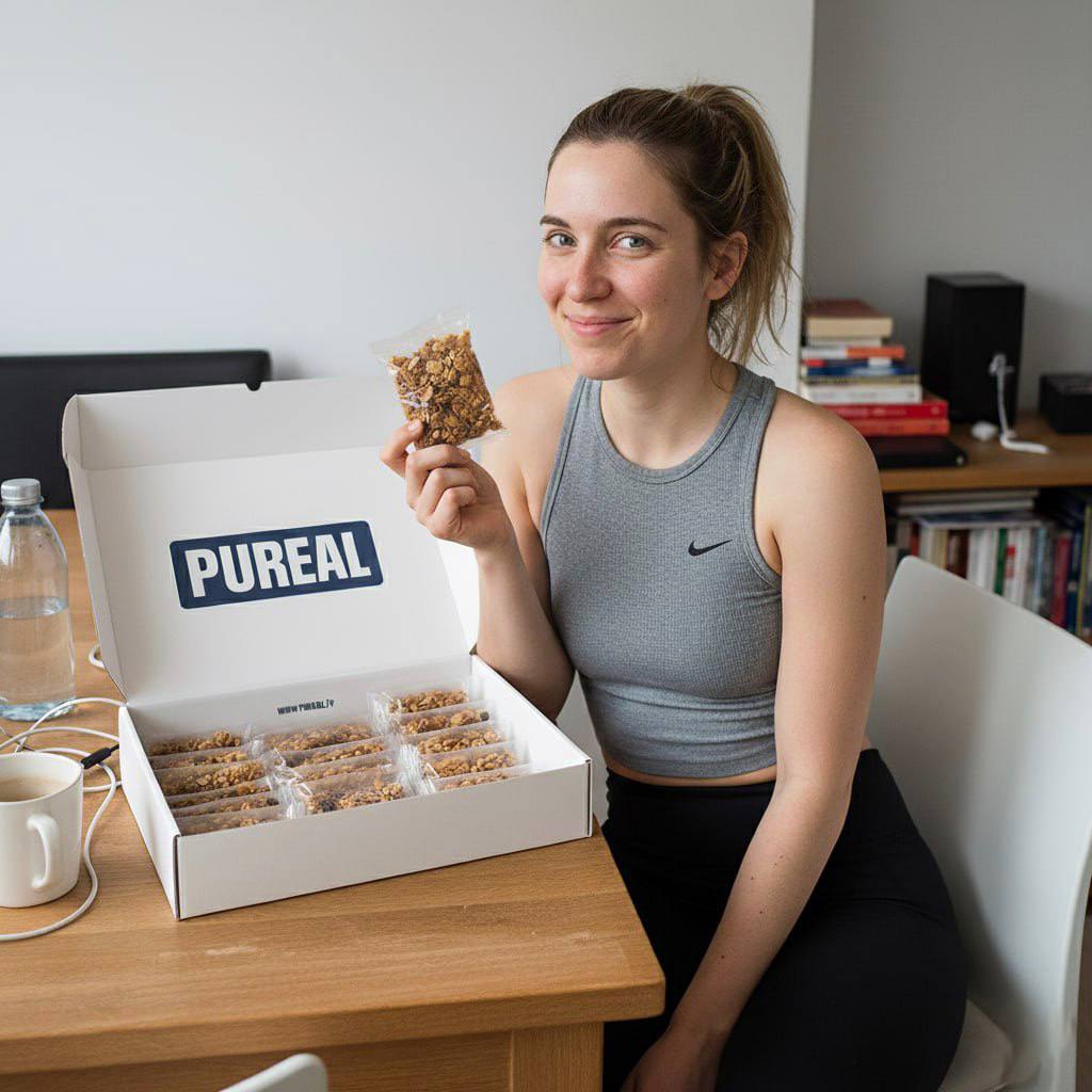 Person holding granola packet next to a box labeled 'PUREAL'.