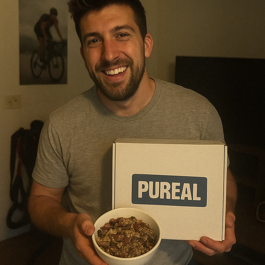 Man holding a box labeled 'PUREAL' and a bowl of cereal.