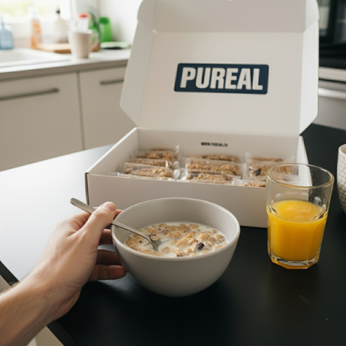 Cereal bowl with milk, glass of orange juice, and a box of breakfast bars on a table.