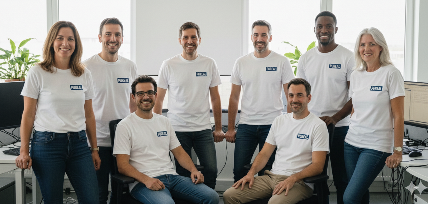 Eight people wearing matching white 'PUREAL' shirts posing together.