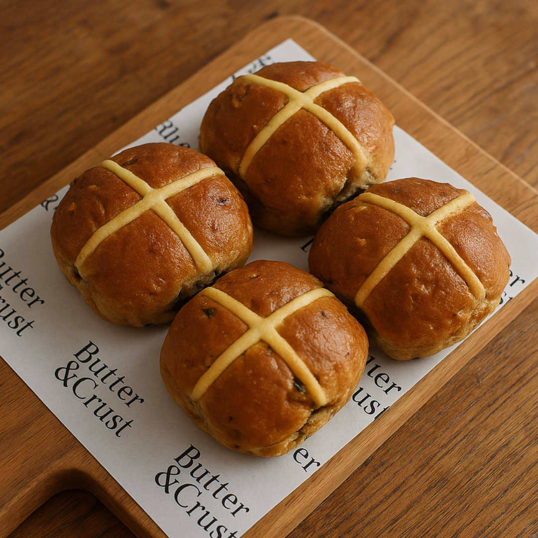 Four hot cross buns on a wooden board with 'Butter & Crust' paper.