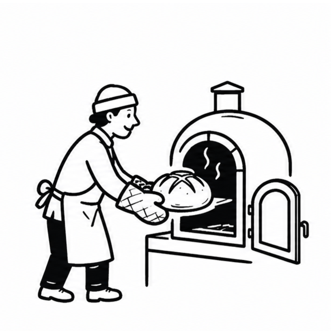 A black and white line drawing of a baker putting a loaf of bread into an oven.