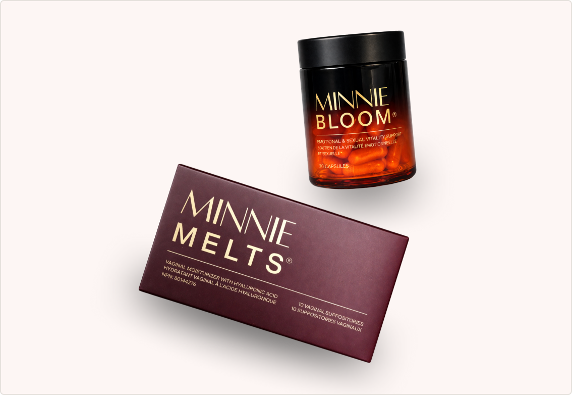 A bottle of Minnie Bloom capsules and a box of Minnie Melts against a plain background.