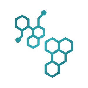 Stylized blue-green chemical structures on a solid green background.