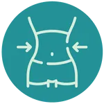 An icon of a slim waist with arrows pointing inwards, set against a teal circular background.