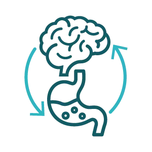 A stylized icon showing a connection between the brain and stomach with circling arrows.