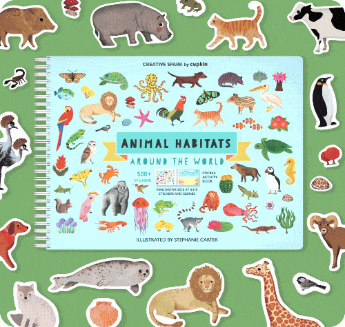 Sticker book titled 'Animal Habitats Around the World' with various animal illustrations.