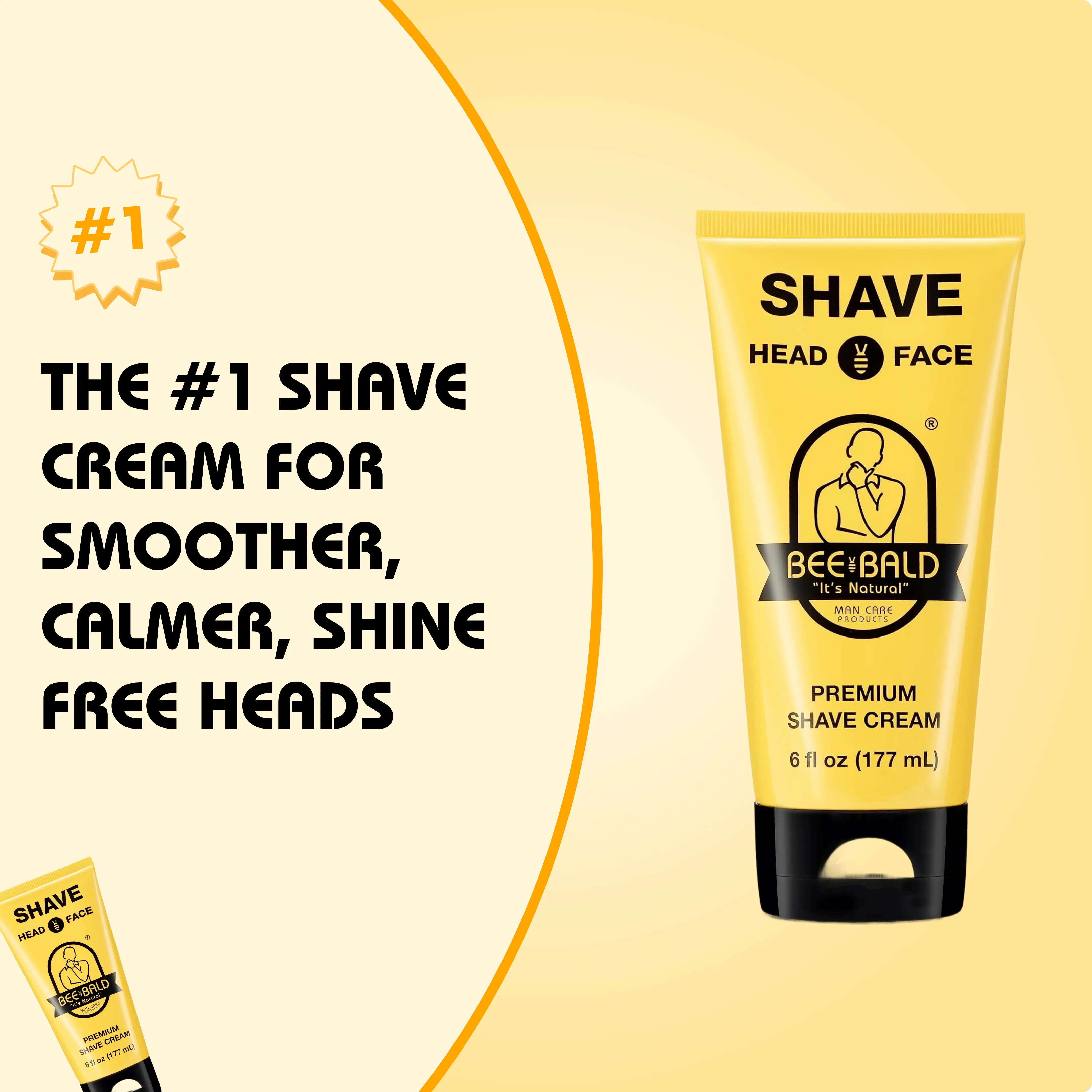 Yellow tube of Bee Bald shave cream with promotional text.
