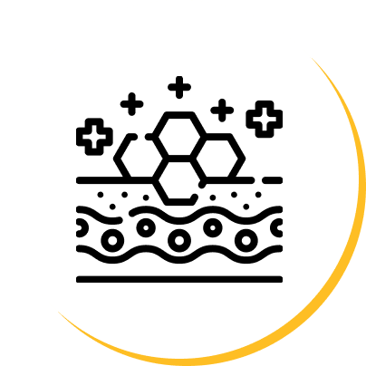 Abstract icon with hexagons and wavy lines inside a circle.
