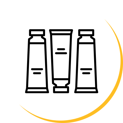 Illustration of three paint tubes in a circular frame.
