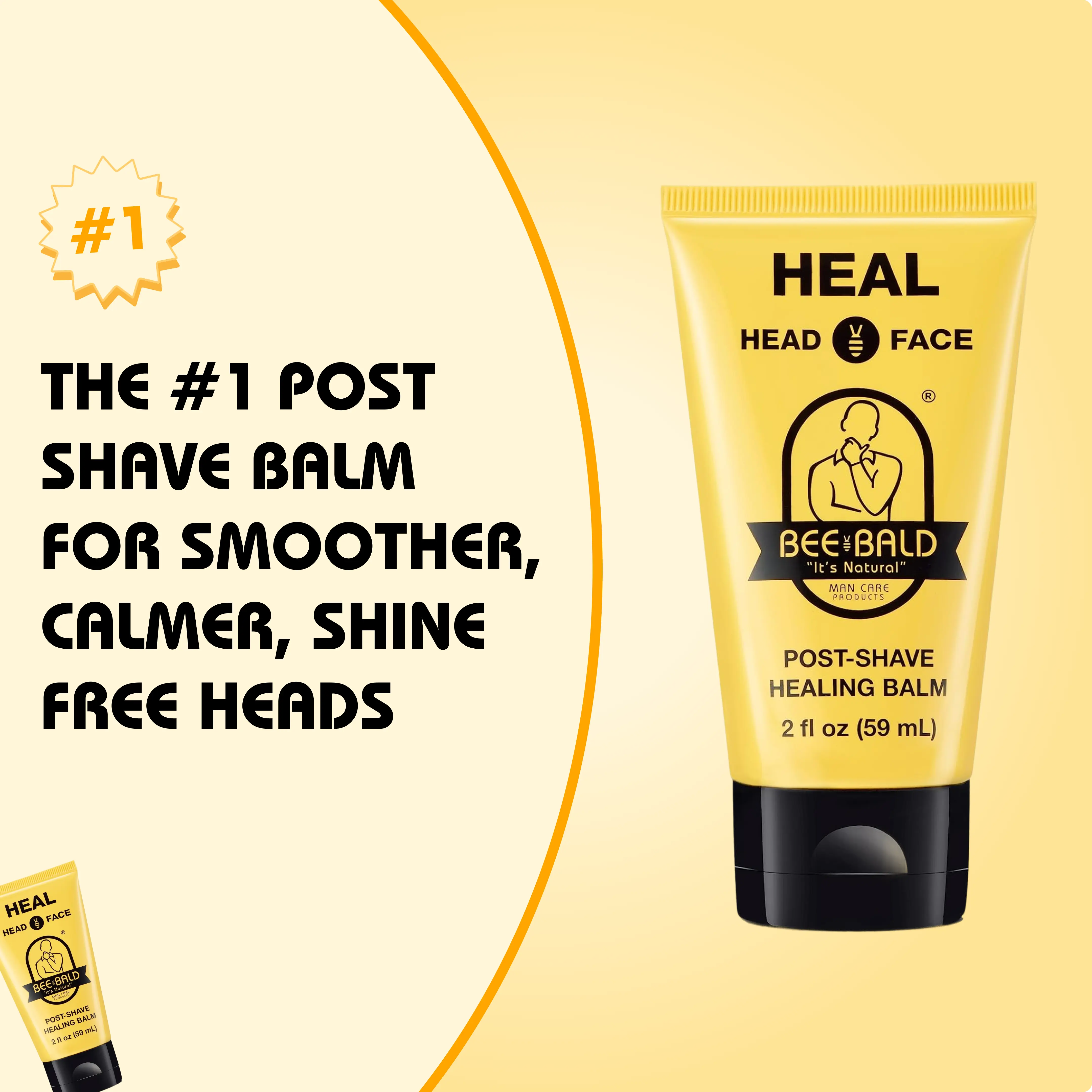 Yellow tube of post-shave balm with text promoting smoother, calmer heads.