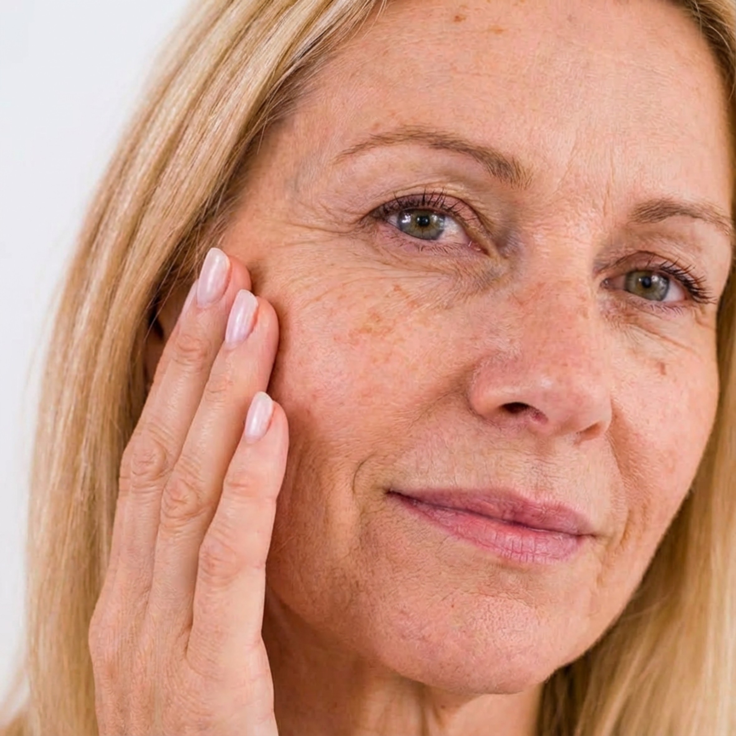 Close-up of a person touching their face, with a serene expression.