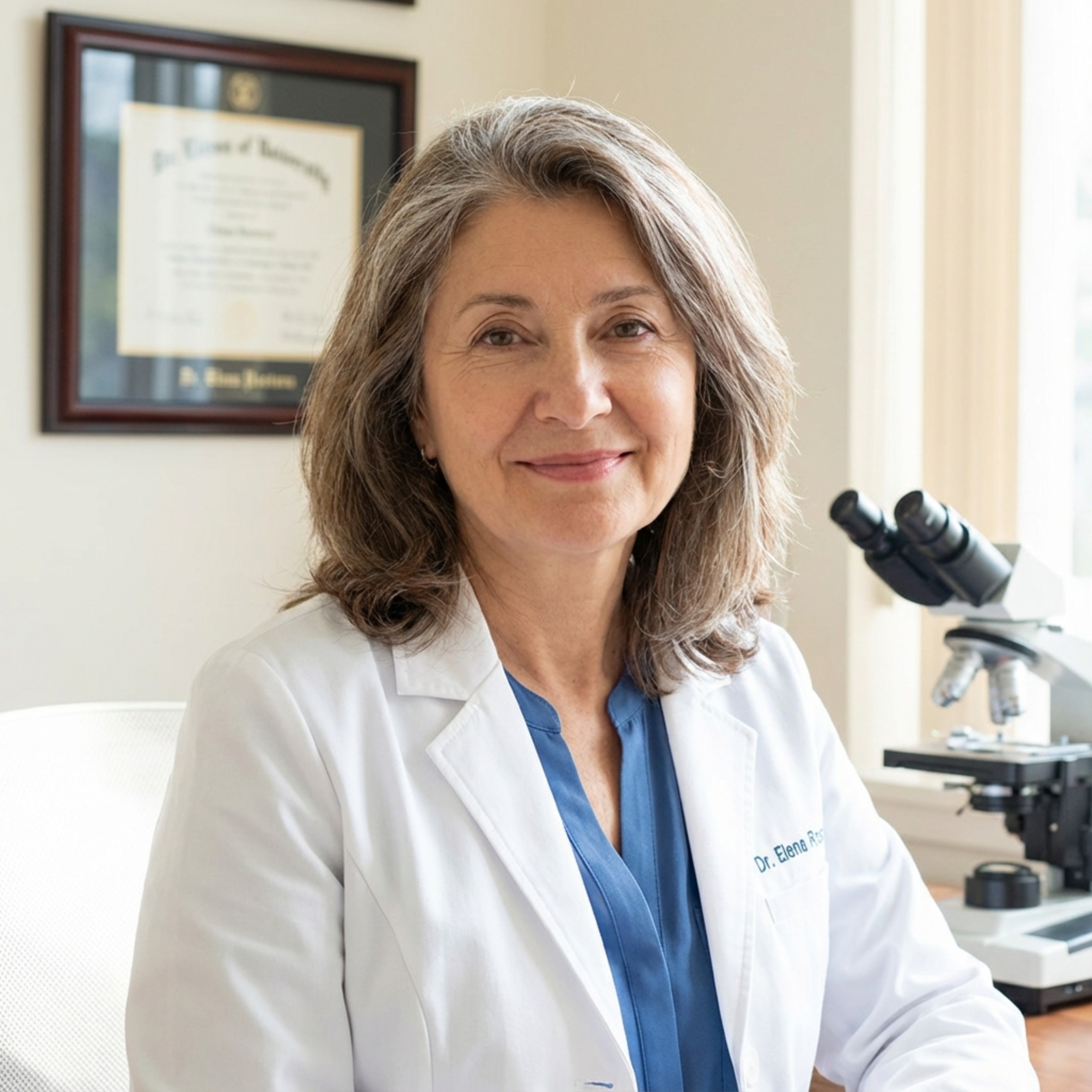 Person in lab coat beside a microscope in an office.