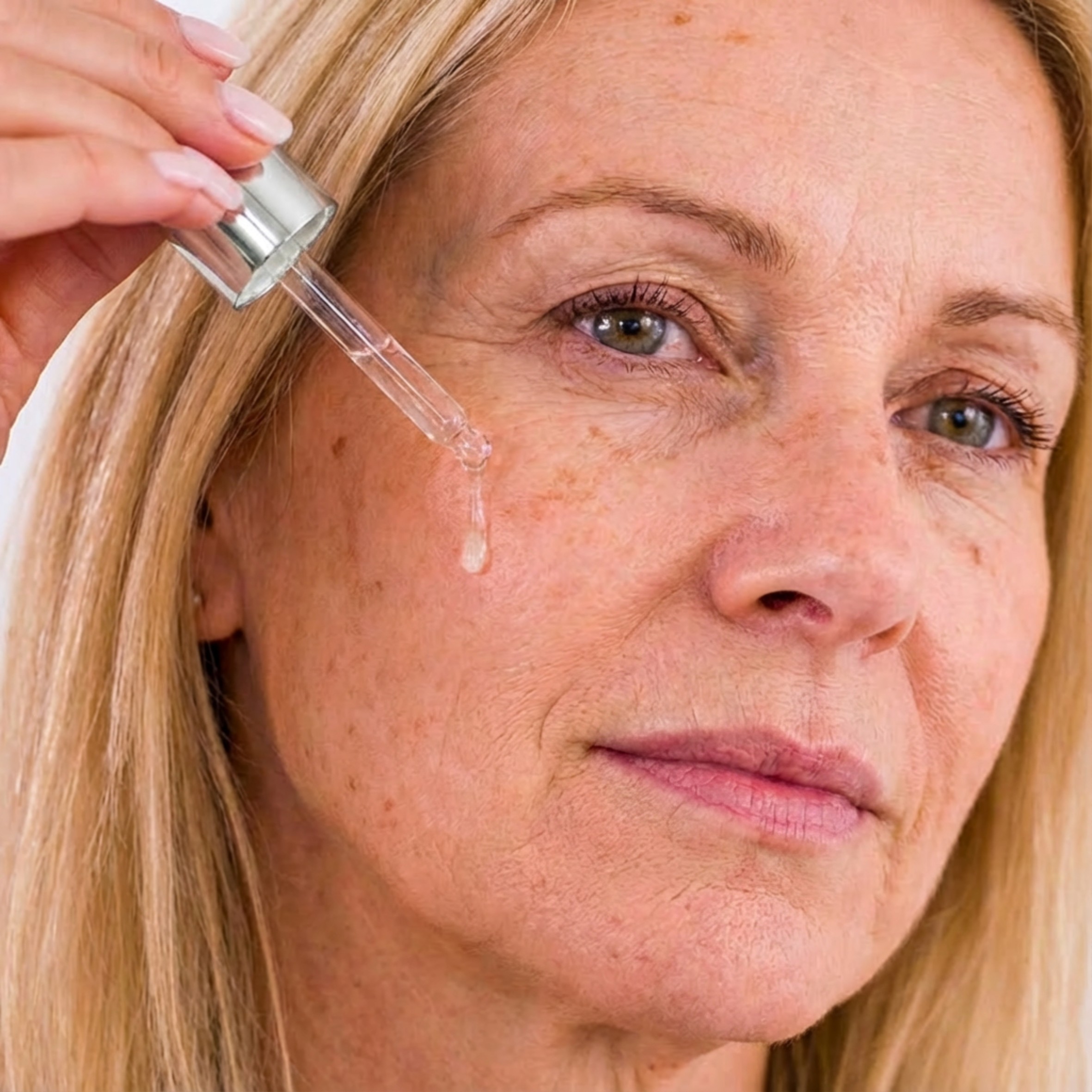 Person applying serum with dropper to their face.