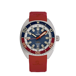 A silver-toned watch with a blue dial, a red and blue bezel, and a red rubber strap.