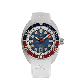 A diver-style watch with a silver case, white strap, blue dial, and a red and blue bezel.
