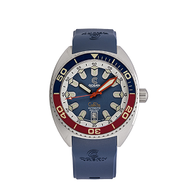 A silver-cased watch with a blue dial, red and blue bezel, and a blue rubber strap on a white background.