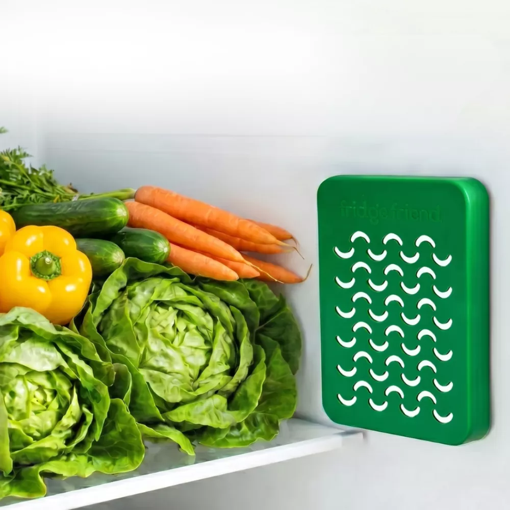 A green 'fridgefriend' device mounted inside a refrigerator next to a shelf of fresh vegetables.