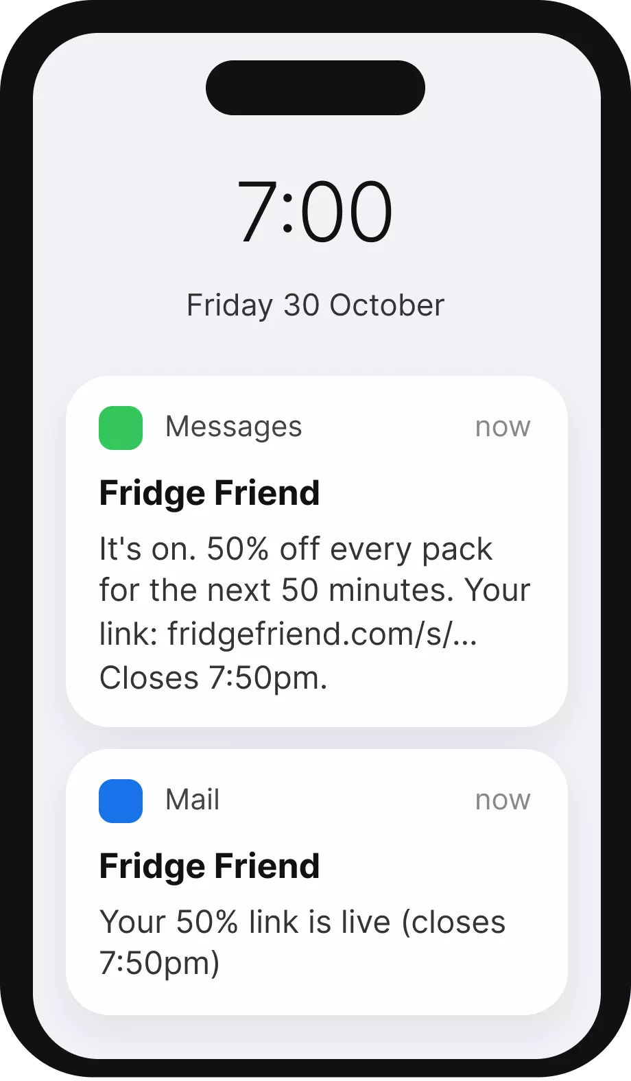 A smartphone lock screen shows two notifications from 'Fridge Friend' for a 50% off sale.
