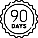 A black line icon of a circular badge with the text '90 DAYS' inside.