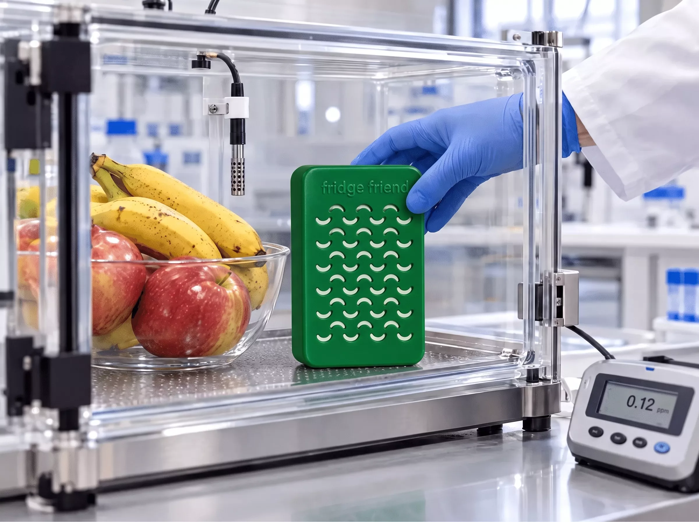 A gloved hand places a green 'fridge friend' device into a scientific chamber next to a bowl of fruit.