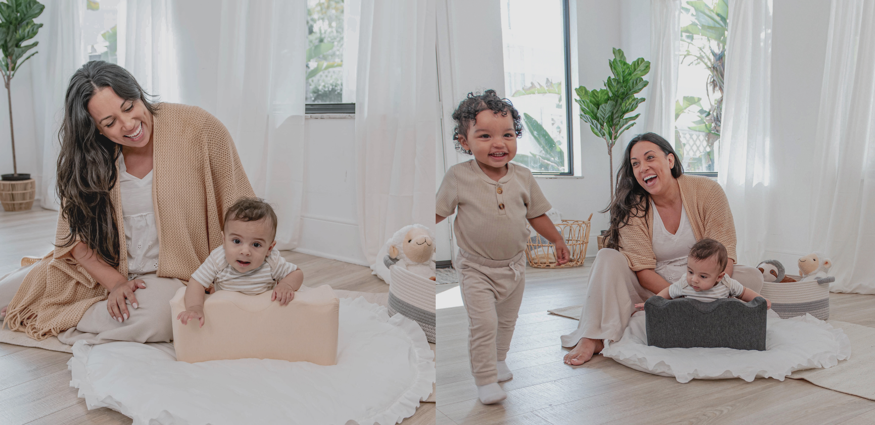 A smiling woman with two babies in a bright room with plants and toys.