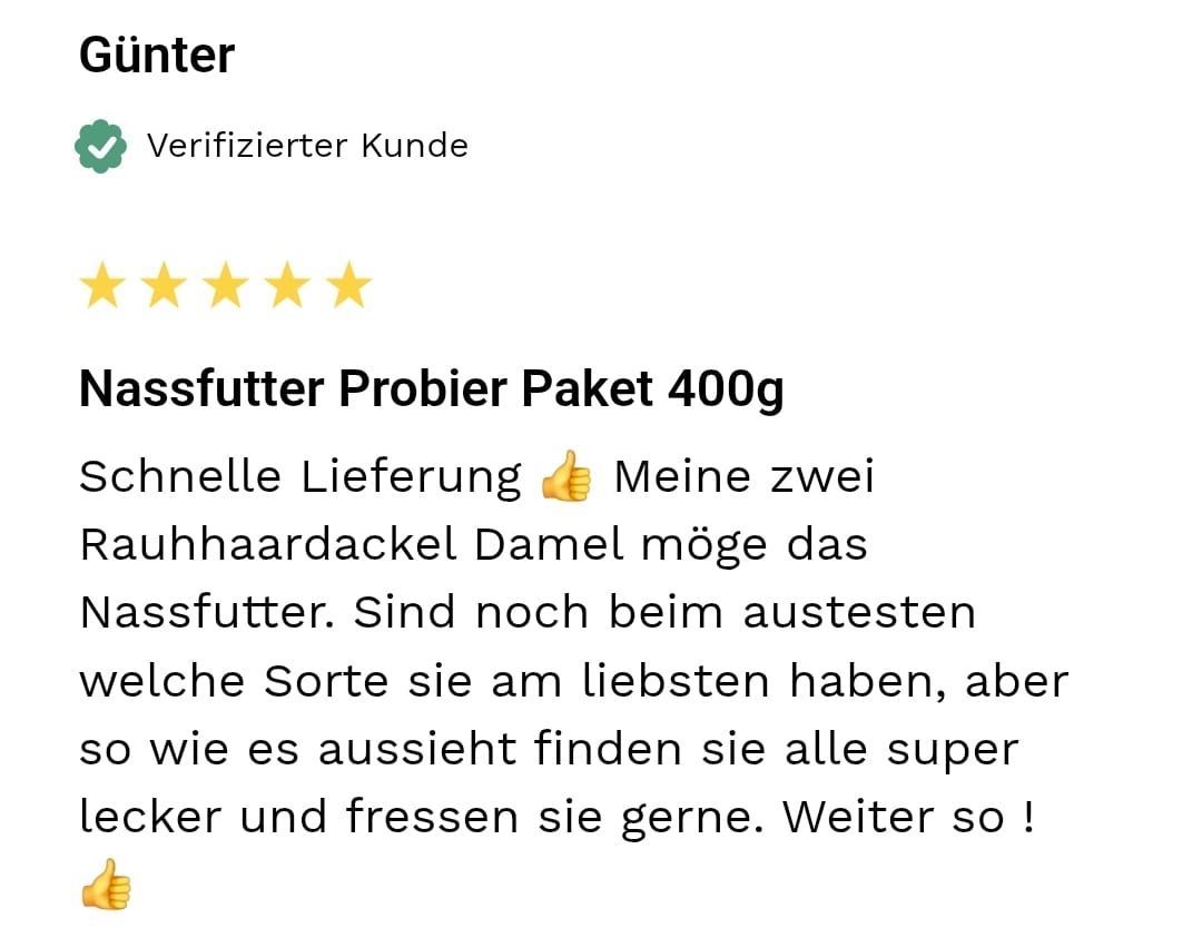 Customer review with star rating and thumbs-up emoji.