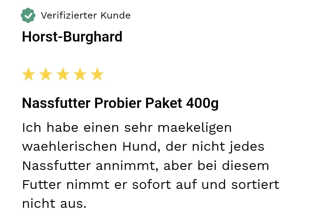 Customer review with five stars for pet food product.