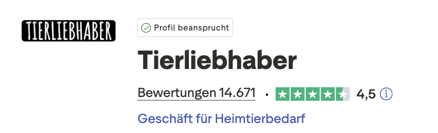 Tierliebhaber logo and star rating with German text.