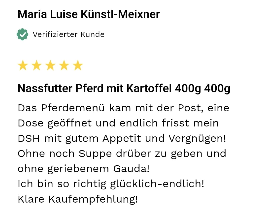 Customer review, five-star rating for 'Nassfutter Pferd mit Kartoffel.' Verified purchase badge.