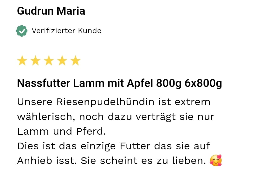 Customer review for lamb with apple dog food, rating and feedback included.