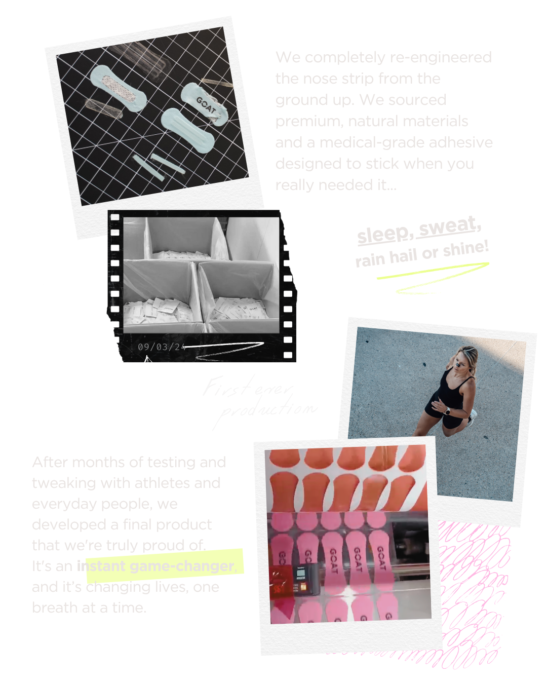Collage of images and text about a re-engineered nose strip product.