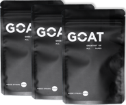 Three black packages labeled 'GOAT' with white text.