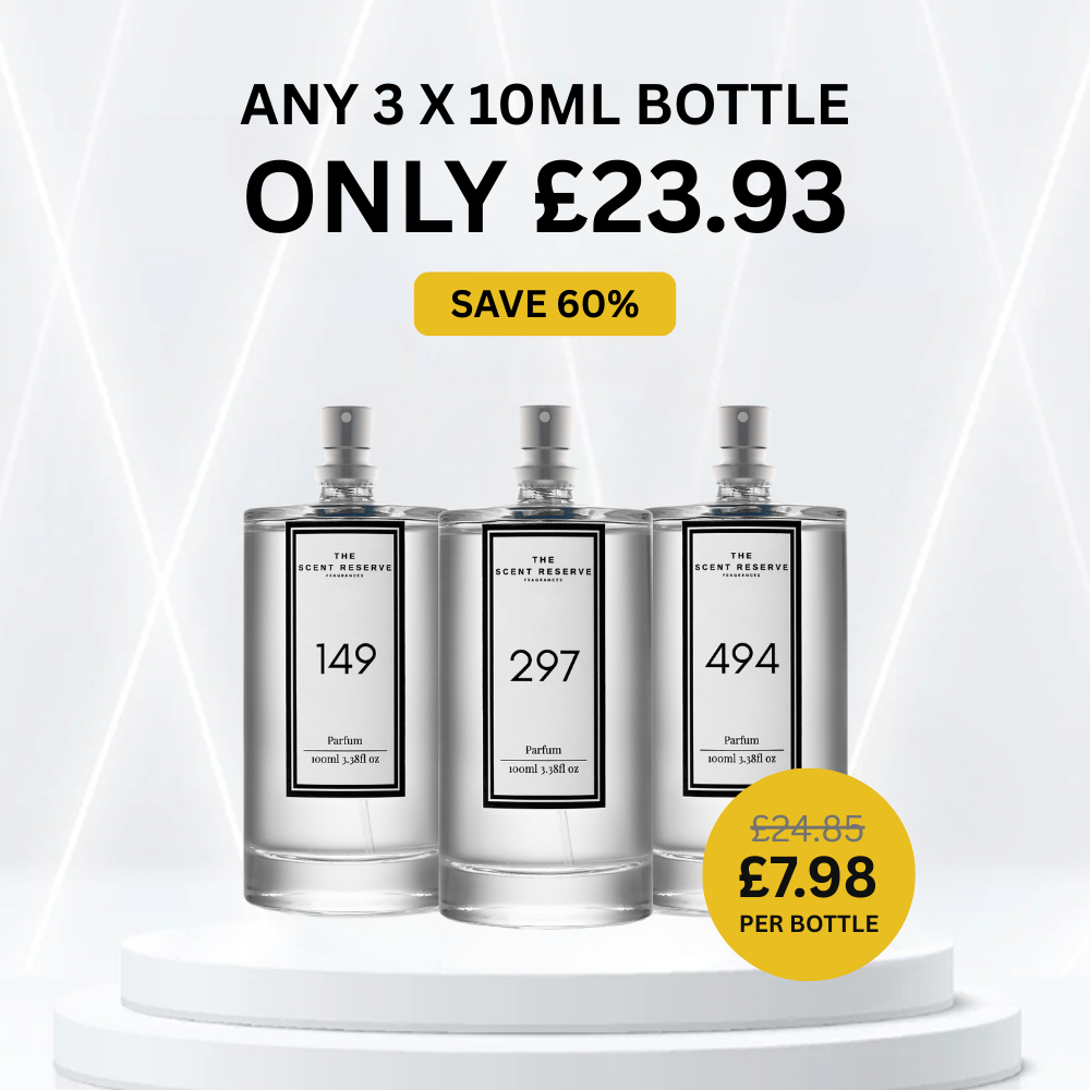 Three perfume bottles with numbers 149, 297, 494, and a price offer.