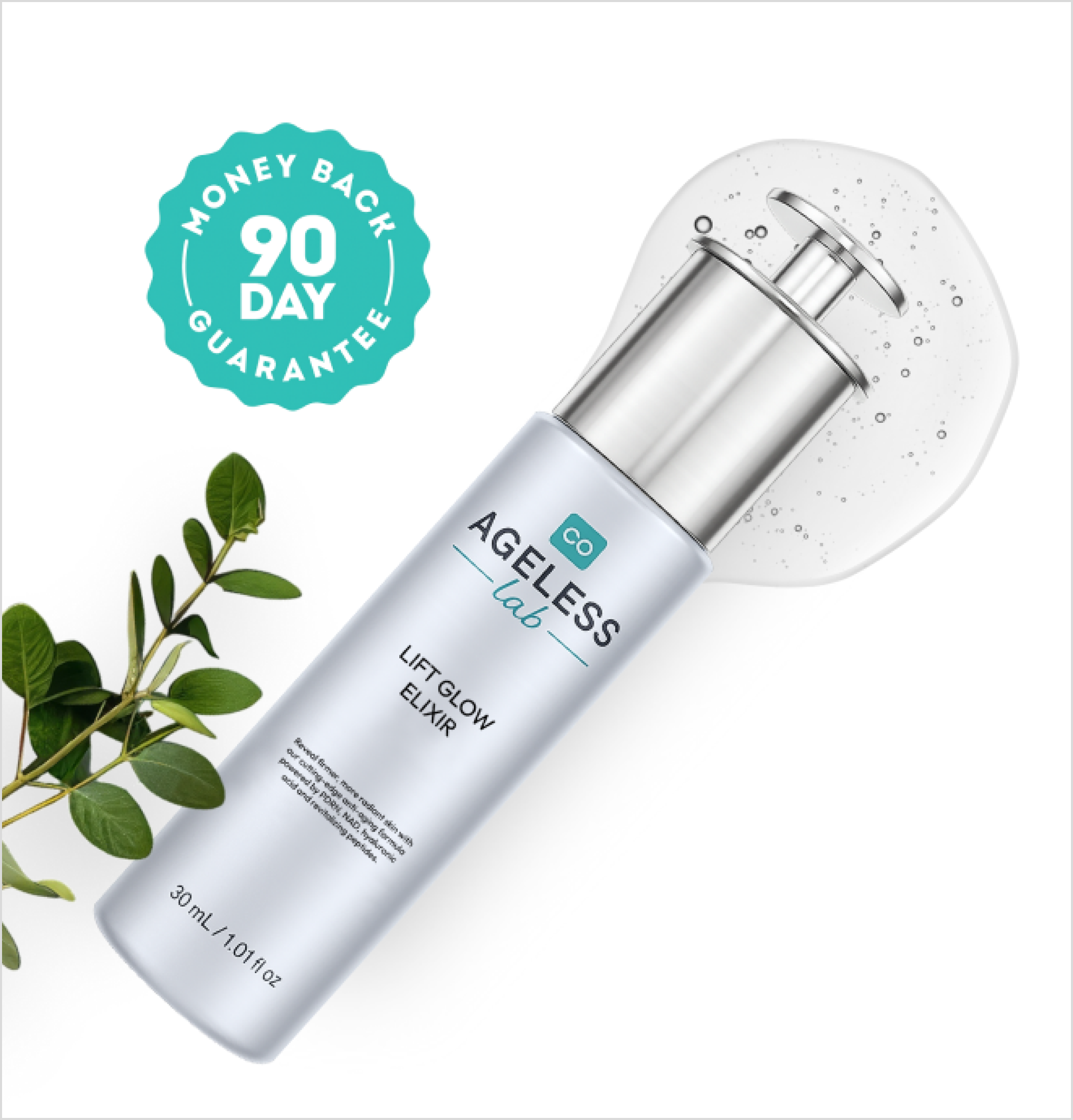 Silver bottle of Ageless Lab Lift Glow Elixir with leaves and 90-day guarantee badge.