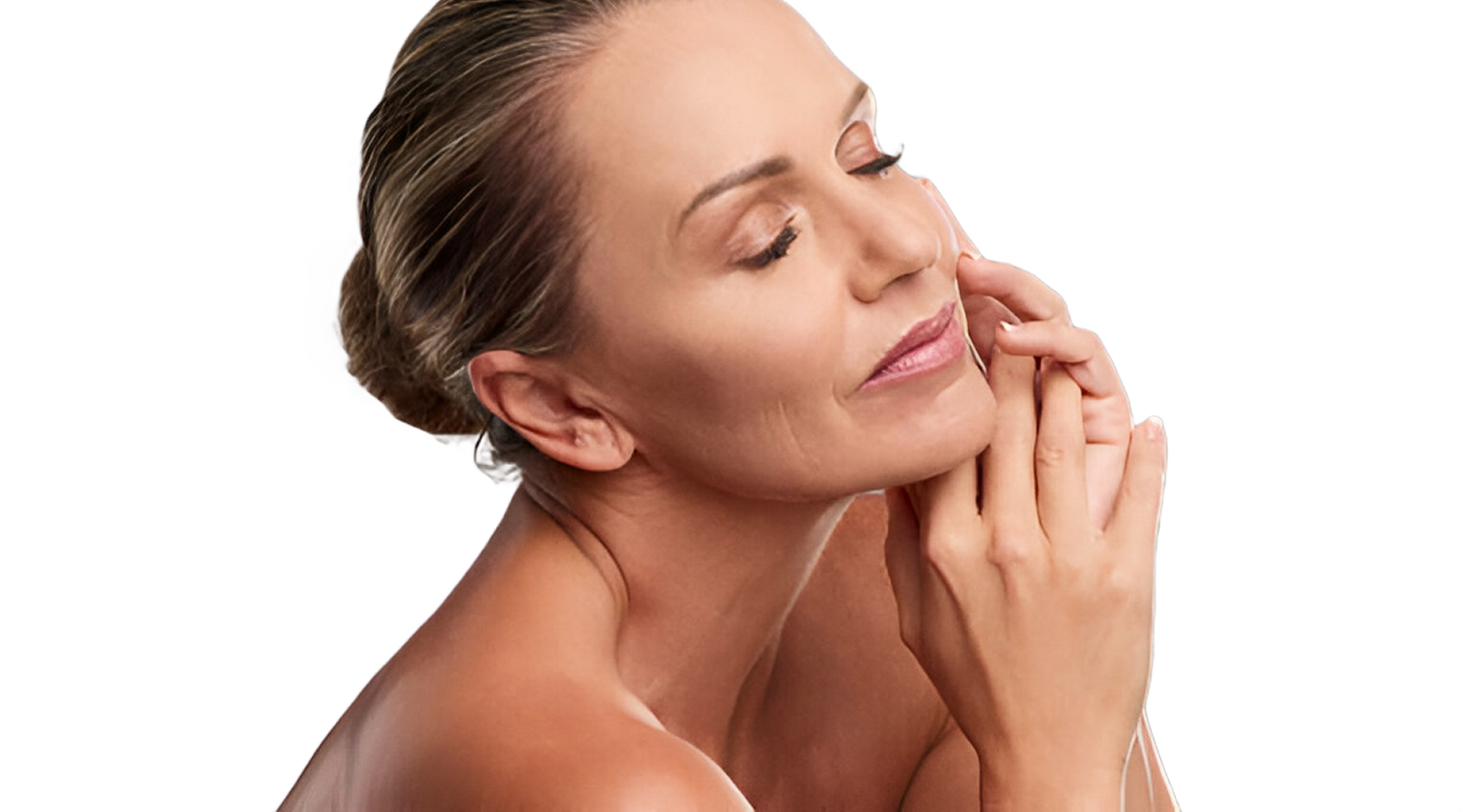 Woman with closed eyes, smiling gently, touching her face.