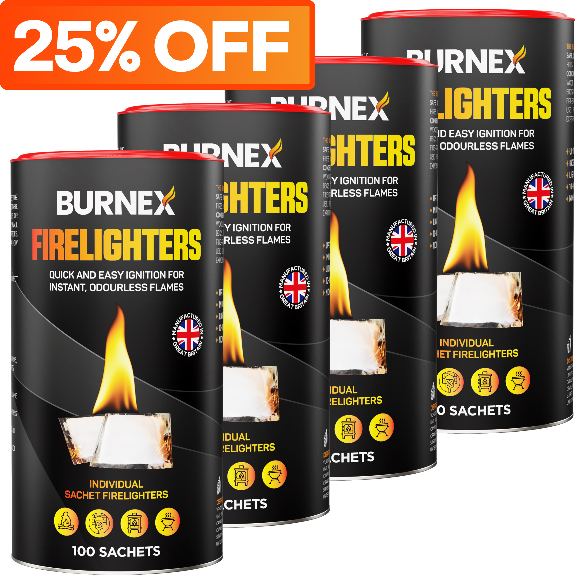 Four Burnex firelighters containers with 25% off label.