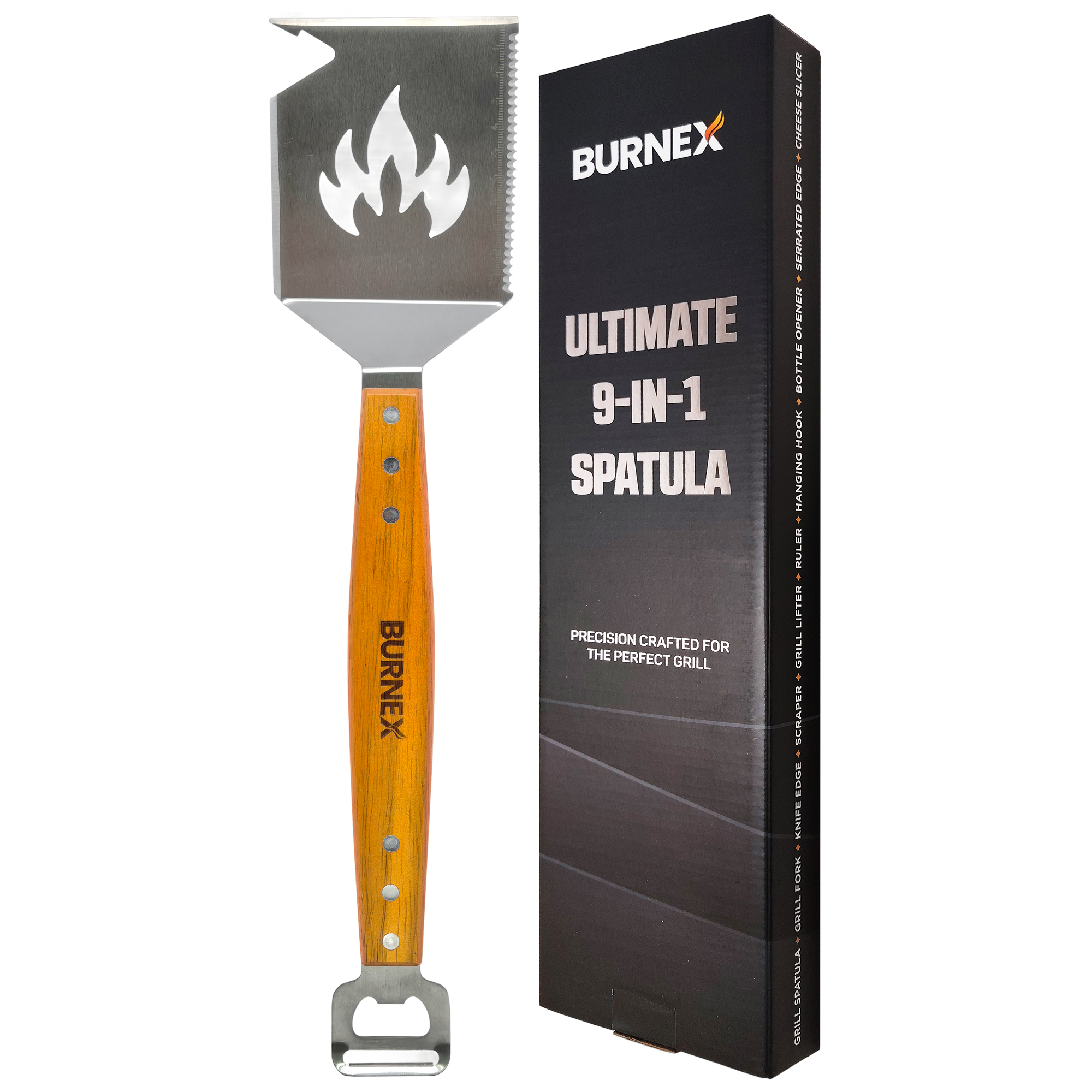 9-in-1 grill spatula with wooden handle and packaging from Burnex brand.