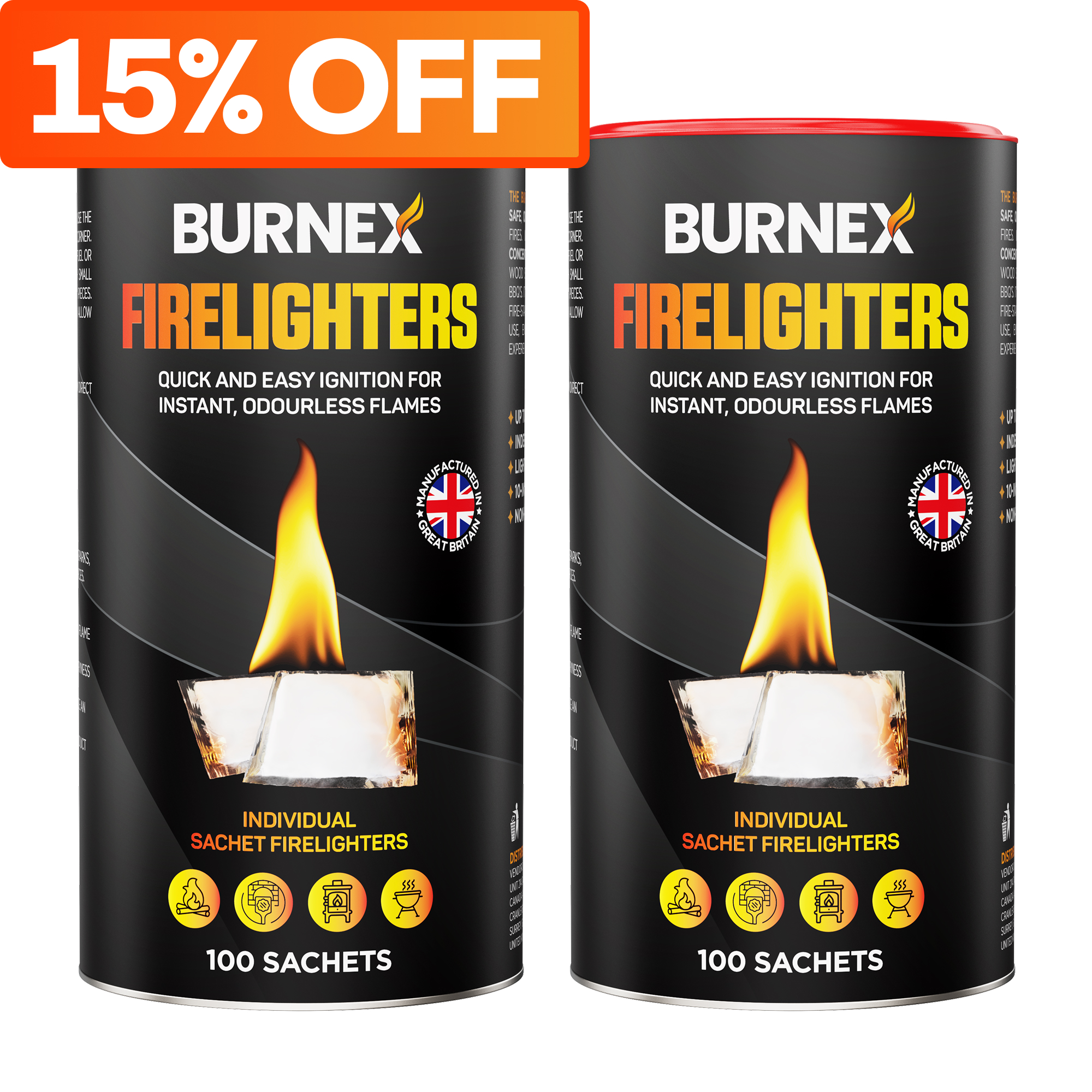 Two Burnex Firelighters containers with 100 sachets, labeled for odorless flames.