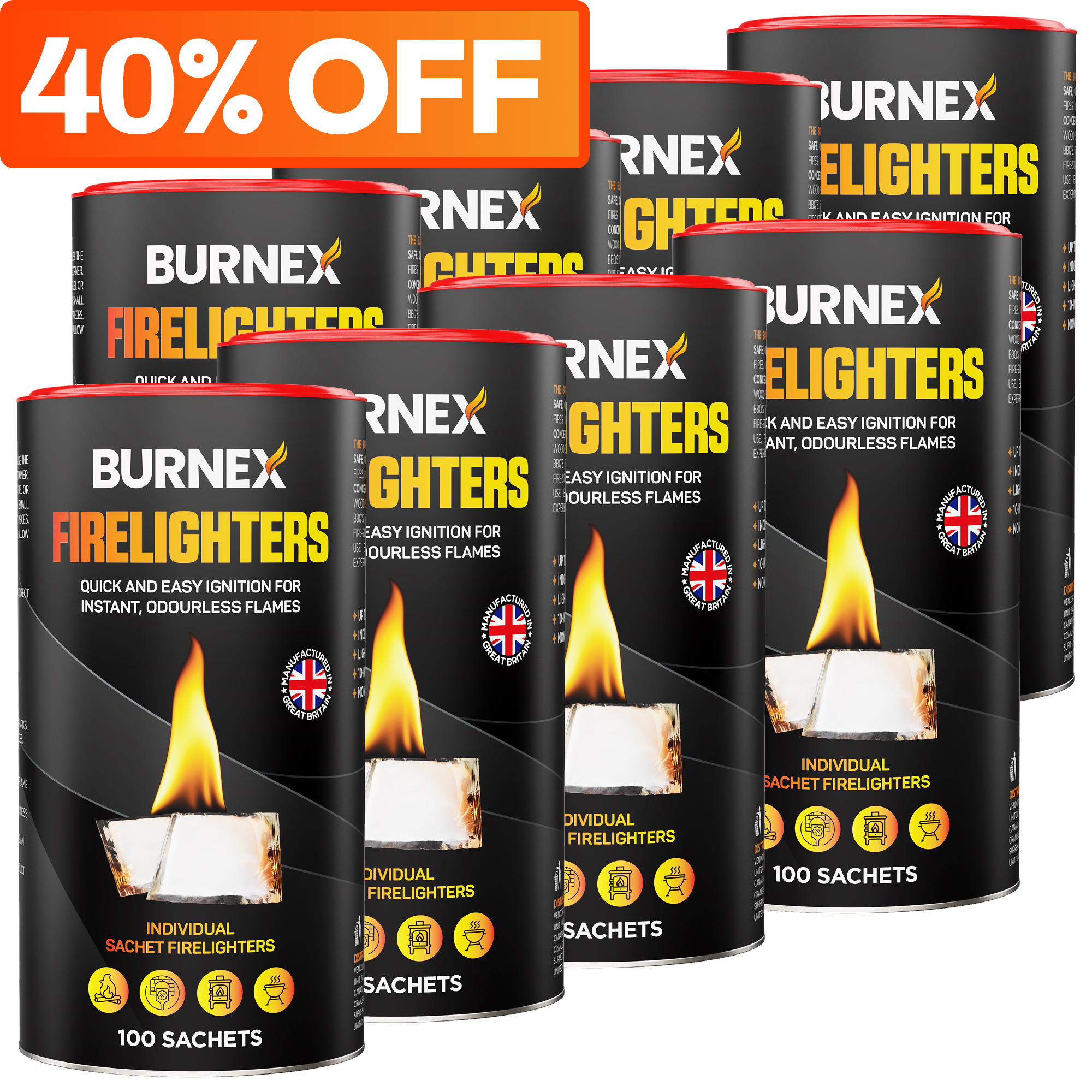 Six Burnex Firelighters containers with '40% off' text banner.