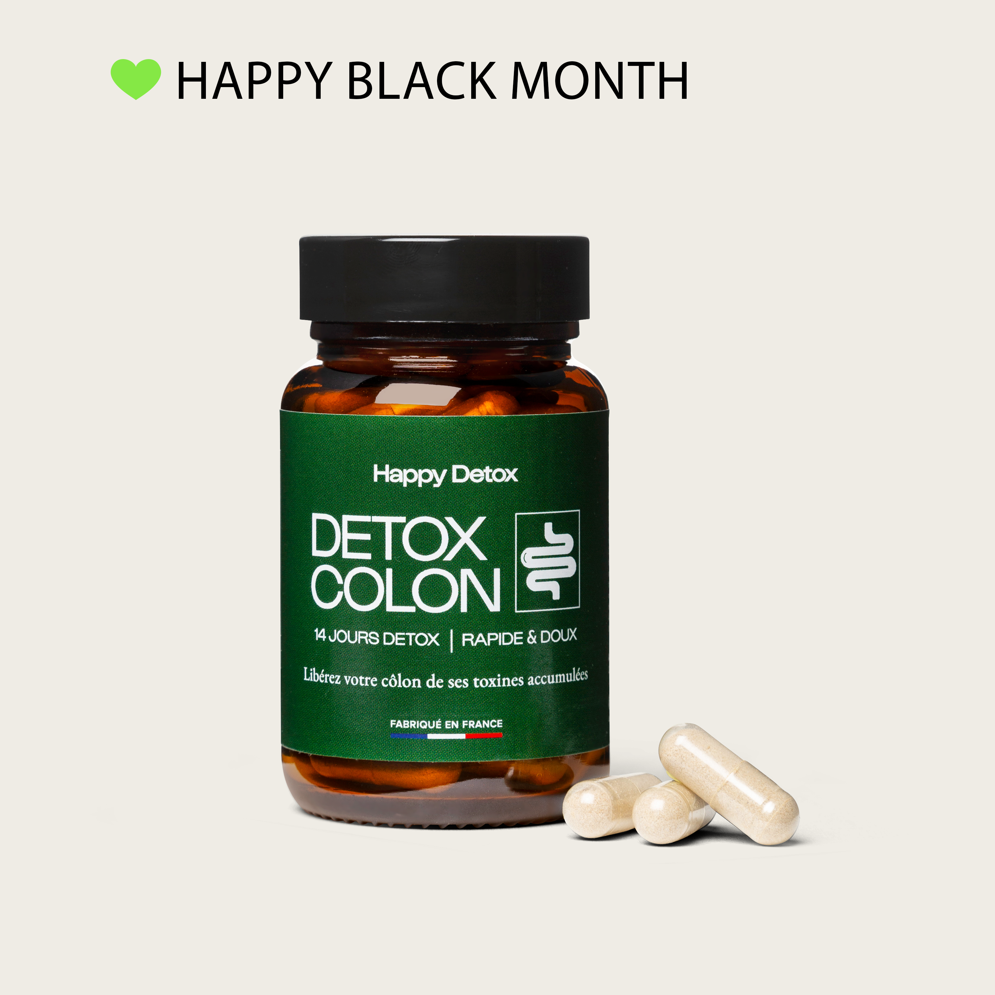 A bottle labeled 'Detox Colon' with capsules beside it, captioned 'Happy Black Month'.