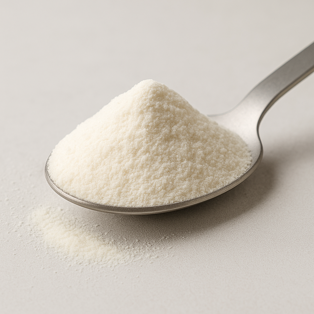 A metal spoon filled with a heap of white powder.