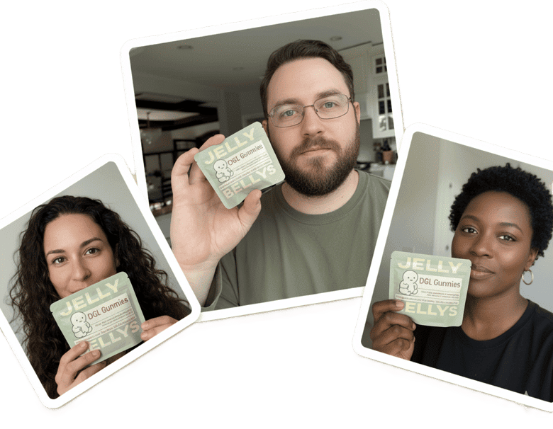 Three people holding Jelly Belly's DGL Gummies packages.