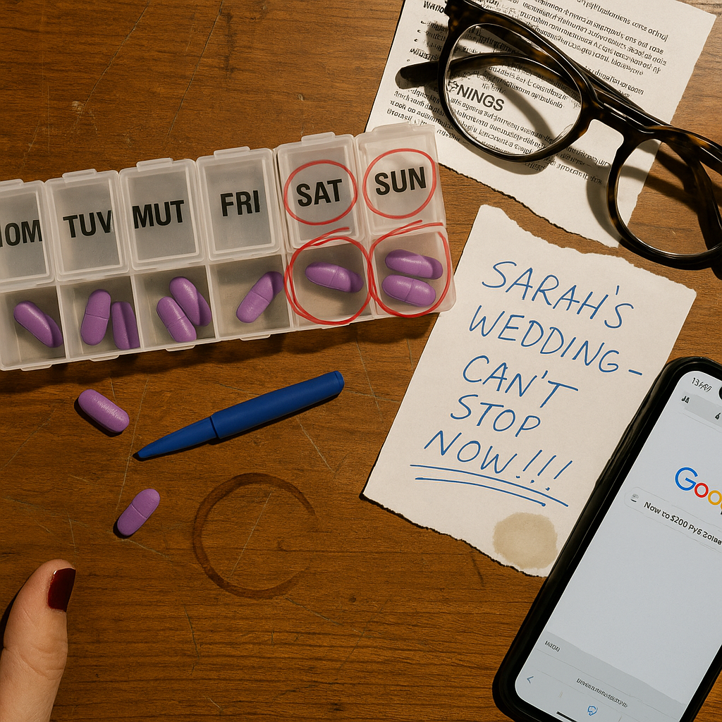Pill organizer, glasses, note, pen, and smartphone on a wooden table.
