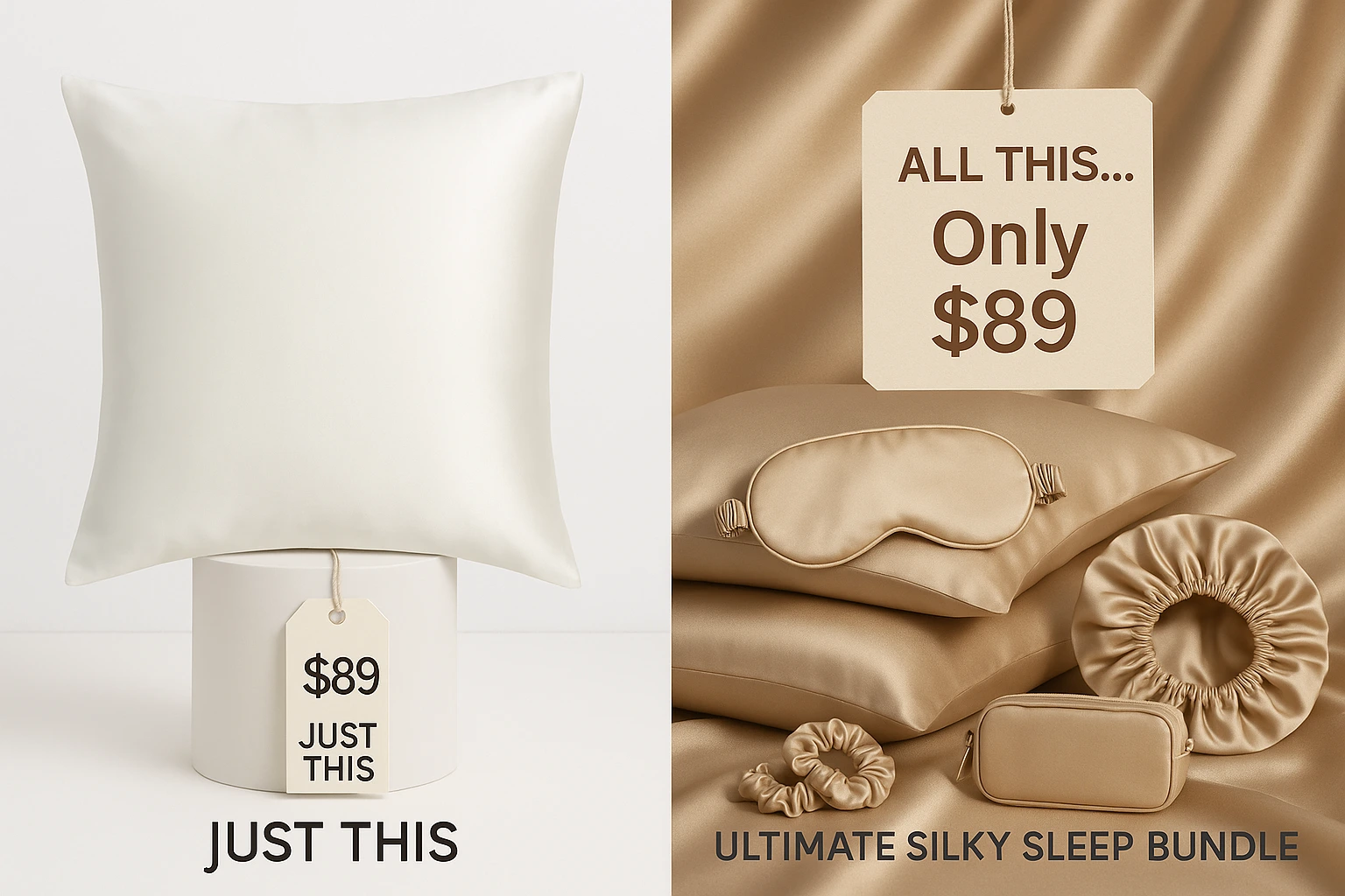 Comparison of a single pillow and a silky sleep bundle, both priced at $89.