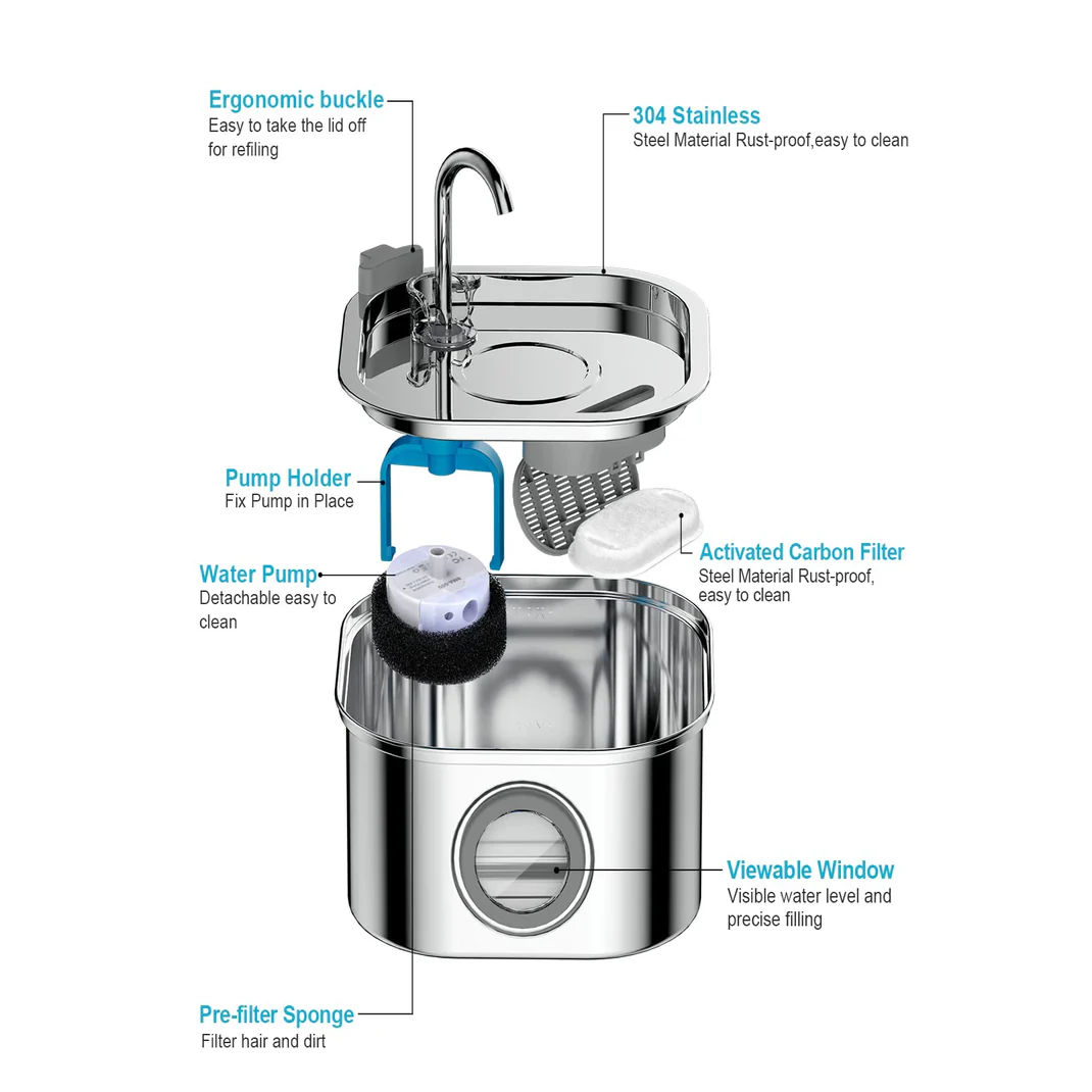 Diagram of a stainless steel water filtration system with labeled components.