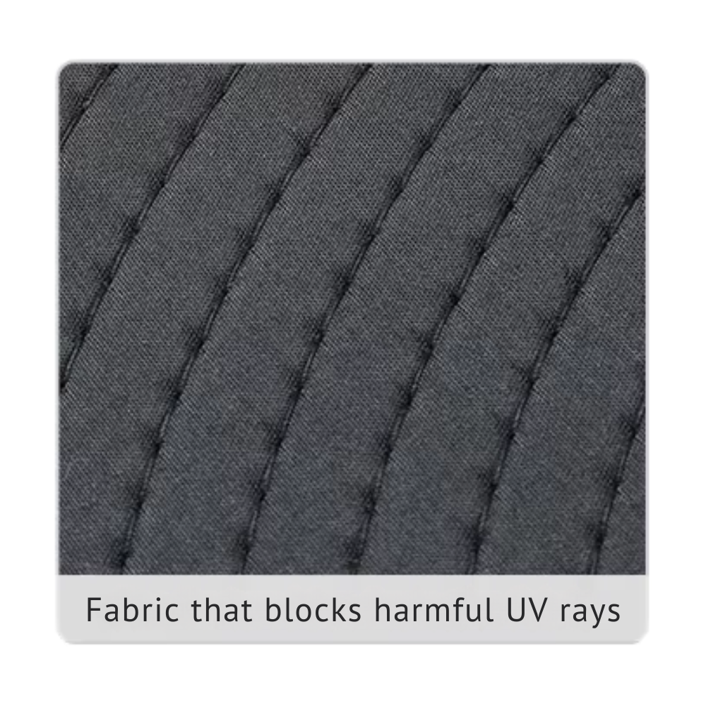 Close-up of dark, textured fabric with visible stitching.